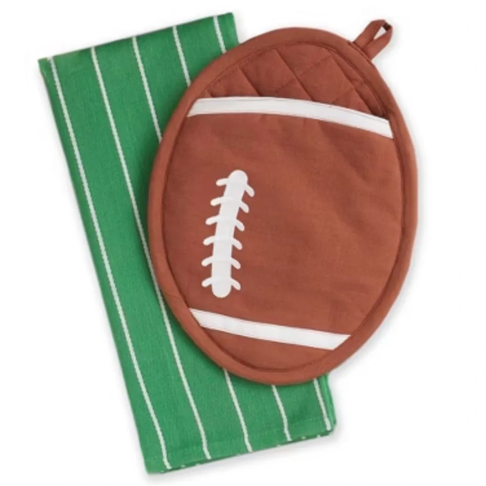Football Pot Holder and Green Striped Towel Set